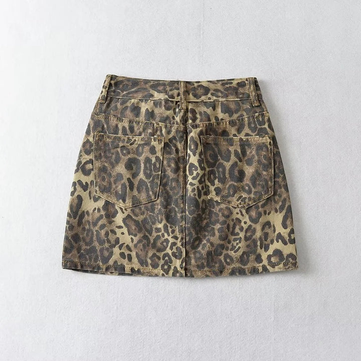 Jupe Mini Femme Taille Haute avec Motif Léopard et Poches Plaquées