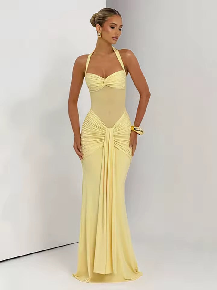 Robe maxi à col halter pour femmes avec empiècement semi-transparent et partie nouée