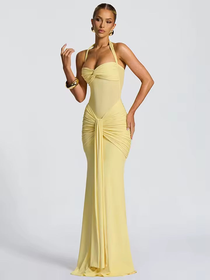 Robe maxi à col halter pour femmes avec empiècement semi-transparent et partie nouée
