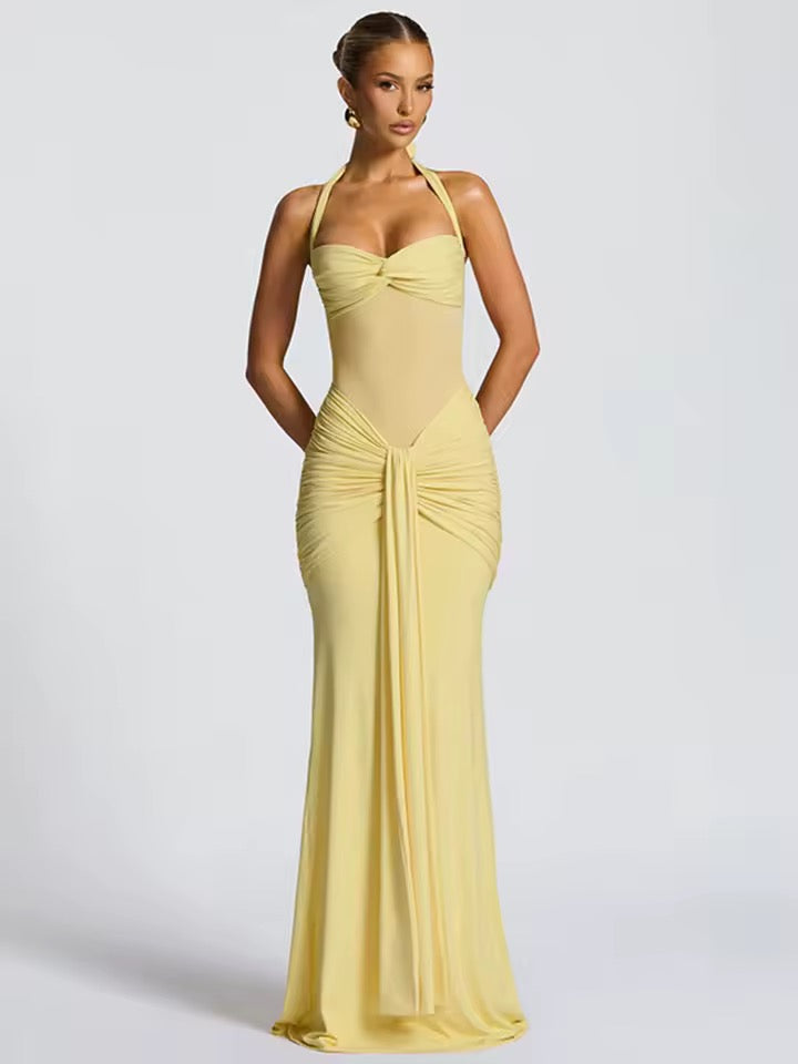 Robe maxi à col halter pour femmes avec empiècement semi-transparent et partie nouée