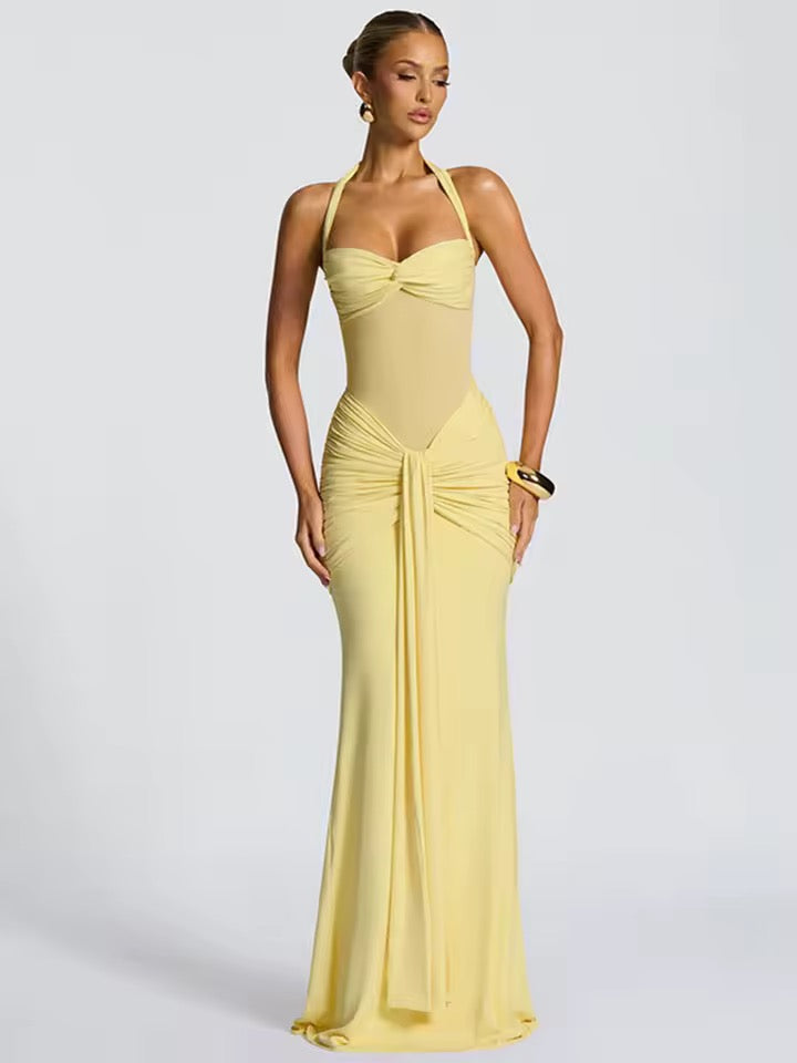 Robe maxi à col halter pour femmes avec empiècement semi-transparent et partie nouée