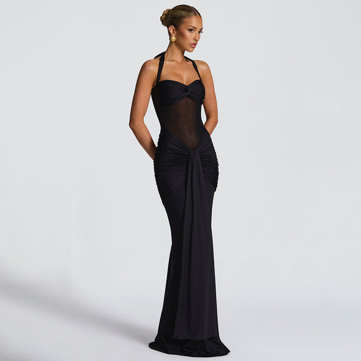 Robe maxi à col halter pour femmes avec empiècement semi-transparent et partie nouée