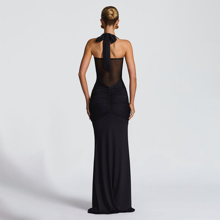 Robe maxi à col halter pour femmes avec empiècement semi-transparent et partie nouée