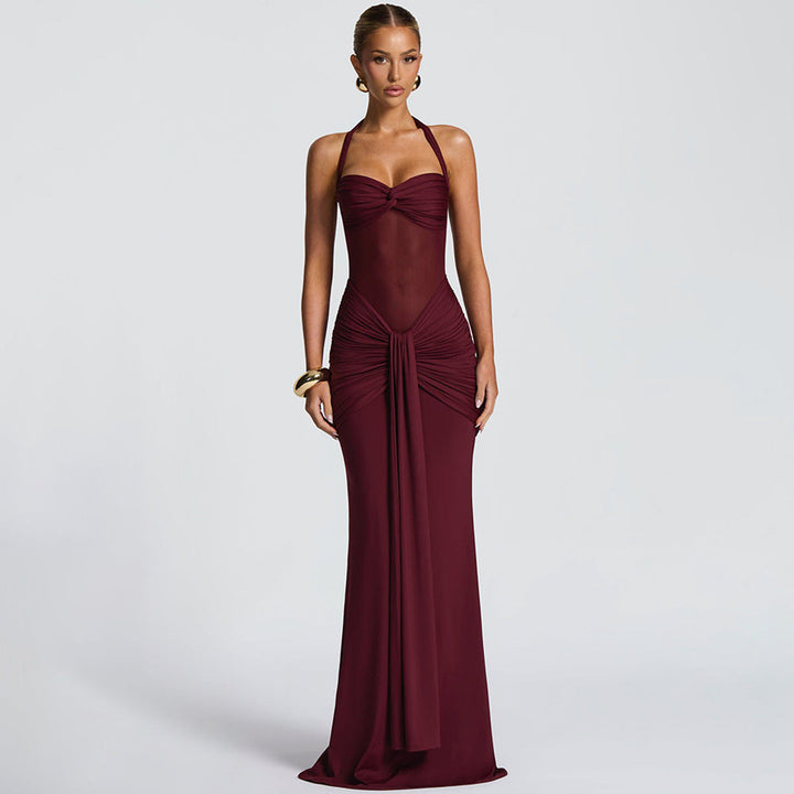Robe maxi à col halter pour femmes avec empiècement semi-transparent et partie nouée