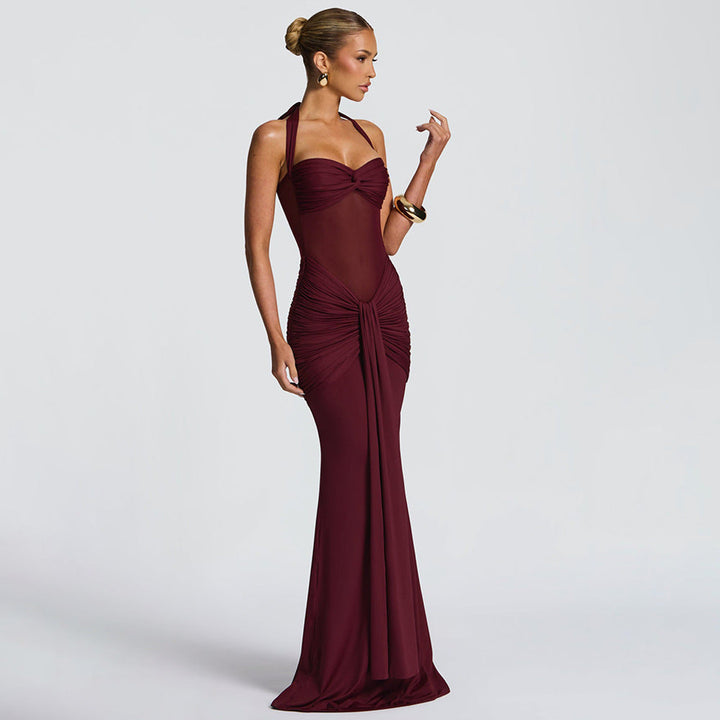 Robe maxi à col halter pour femmes avec empiècement semi-transparent et partie nouée