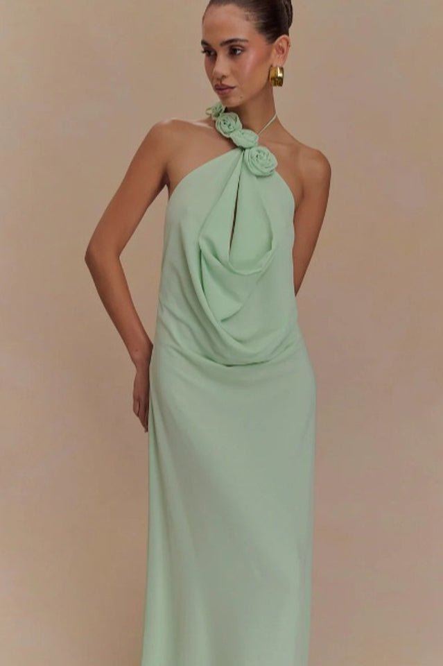 Robe maxi à dos nu pour femmes avec appliqués de roses