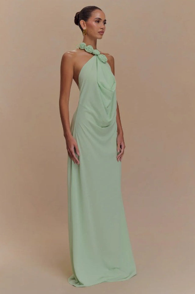 Robe maxi à dos nu pour femmes avec appliqués de roses