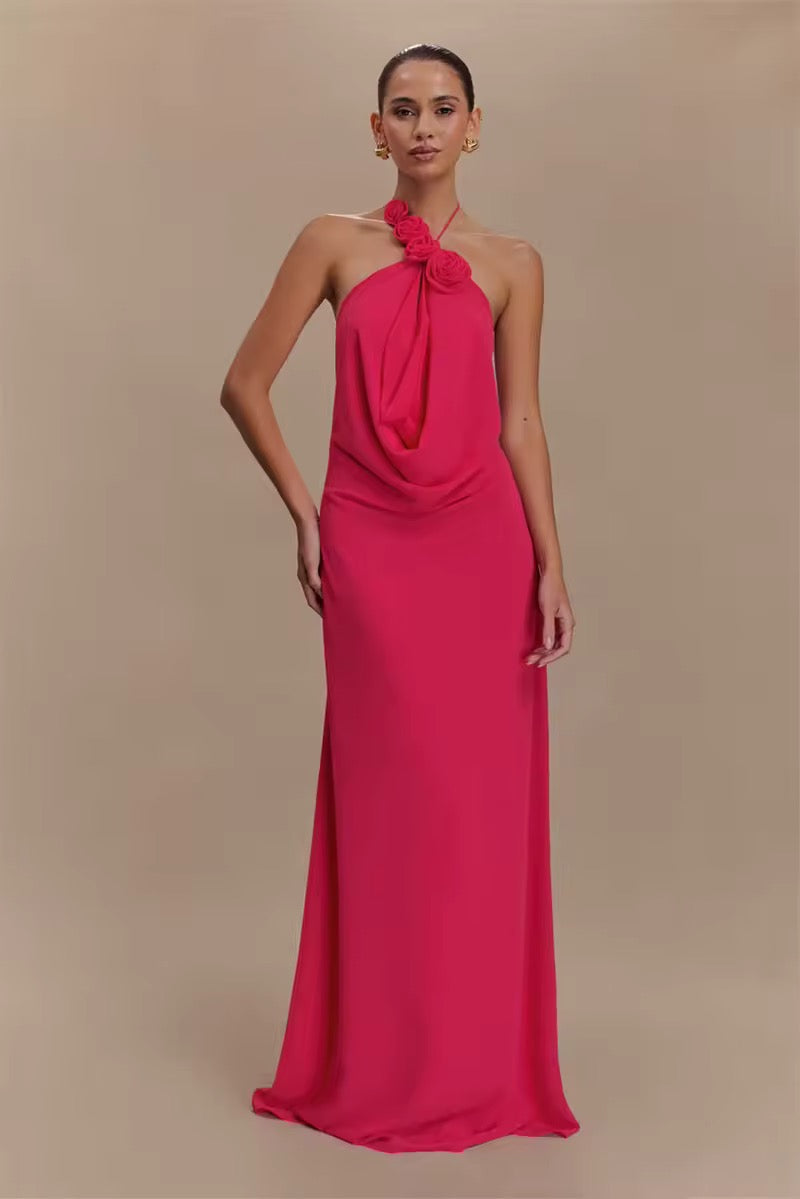 Robe maxi à dos nu pour femmes avec appliqués de roses