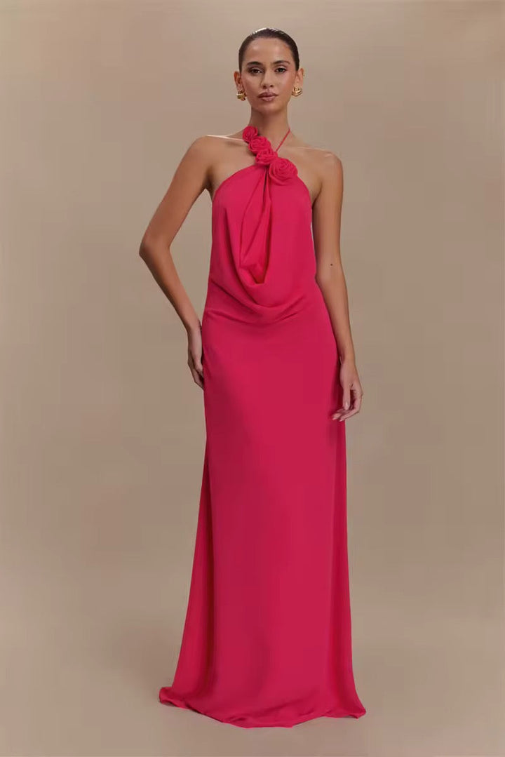 Robe maxi à dos nu pour femmes avec appliqués de roses
