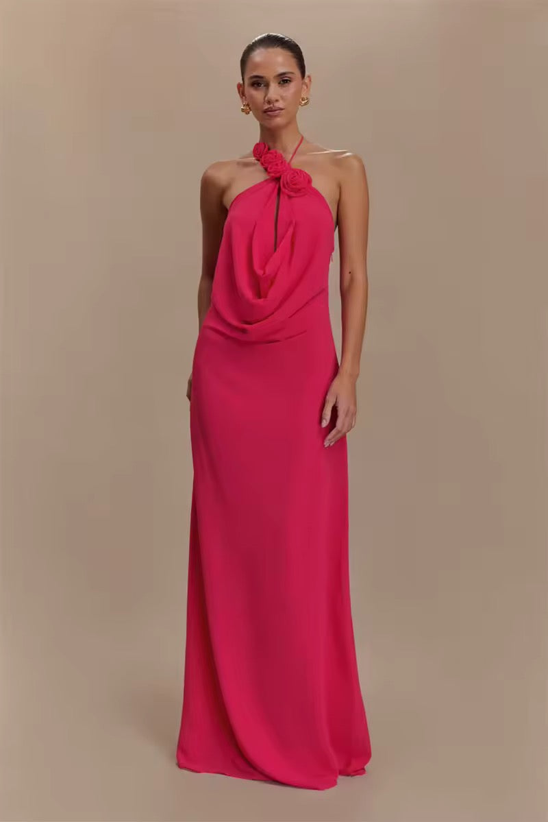 Robe maxi à dos nu pour femmes avec appliqués de roses