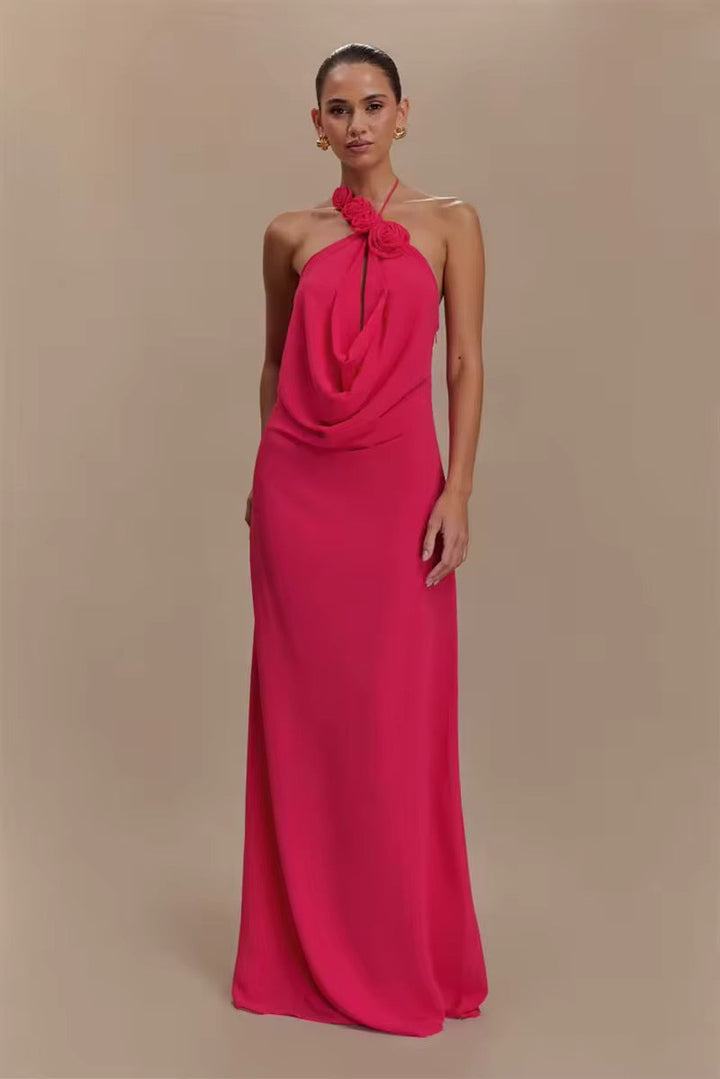 Robe maxi à dos nu pour femmes avec appliqués de roses