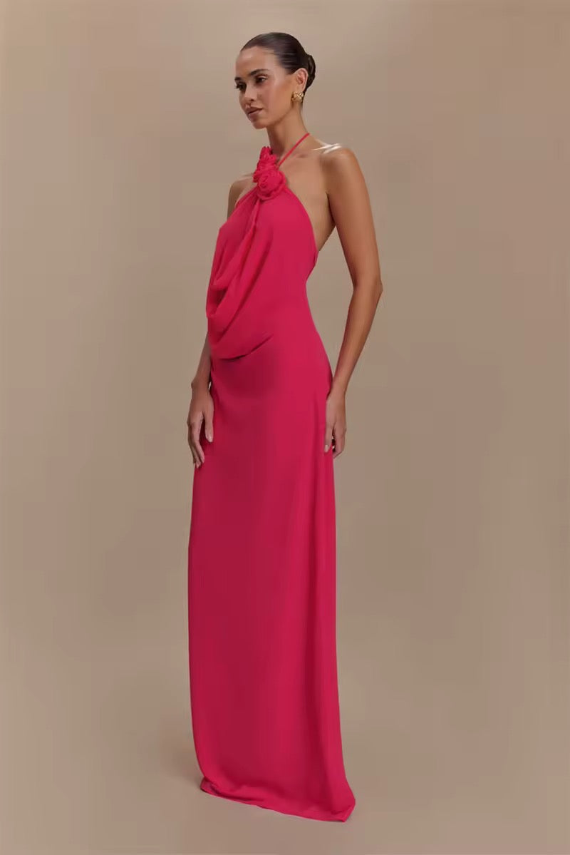 Robe maxi à dos nu pour femmes avec appliqués de roses
