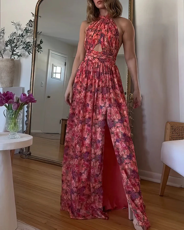 Robe maxi à dos nu pour femmes avec décolleté en forme de clé et motif floral, dos ouvert et fente sur la jambe