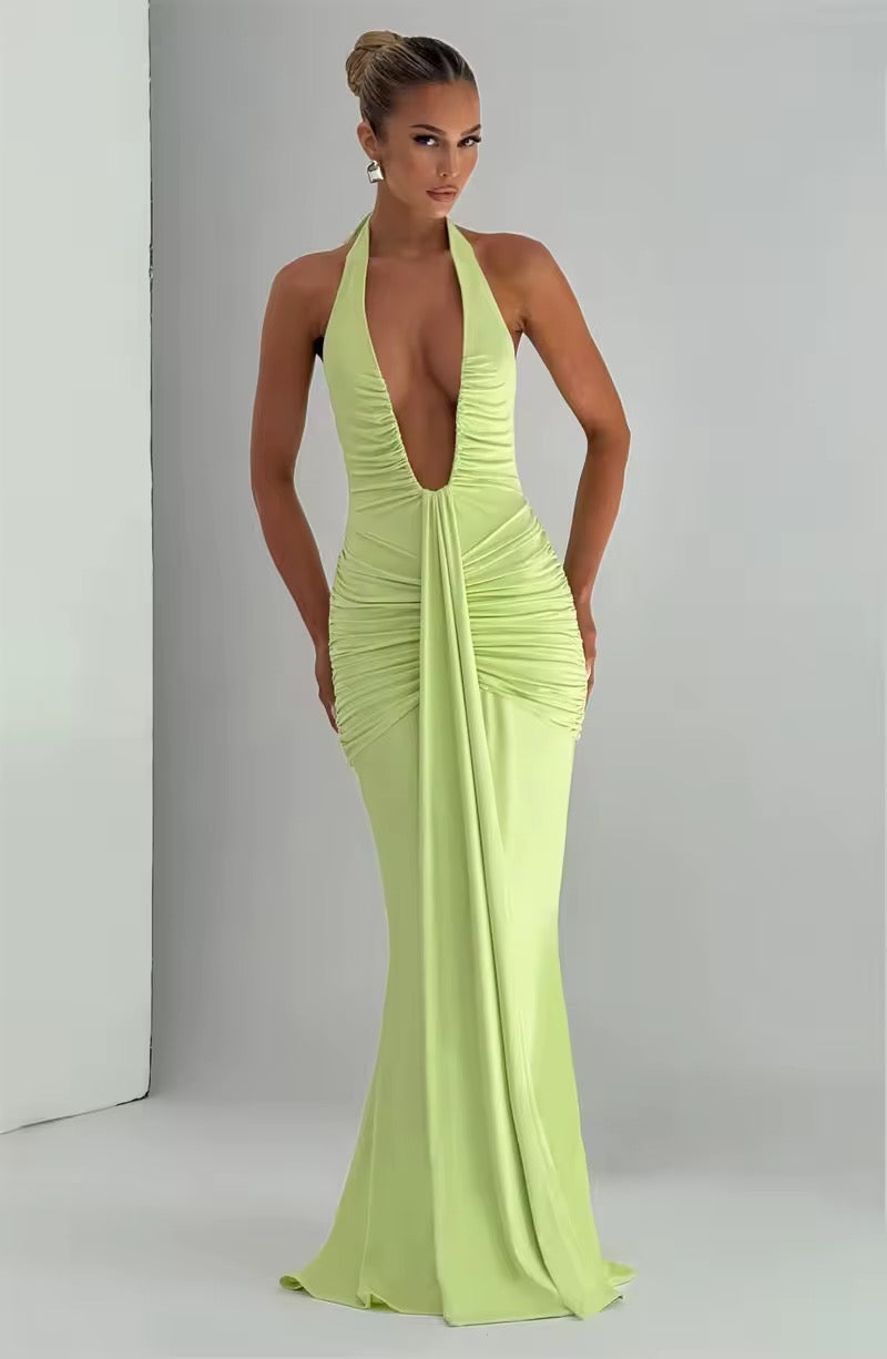 Robe maxi à dos nu pour femmes avec décolleté en V profond et fronces continues