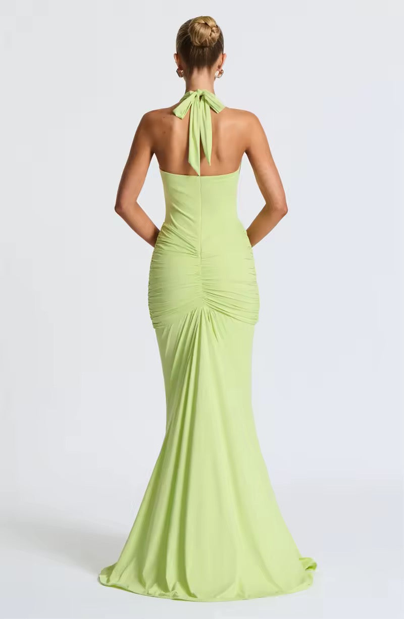 Robe maxi à dos nu pour femmes avec décolleté en V profond et fronces continues