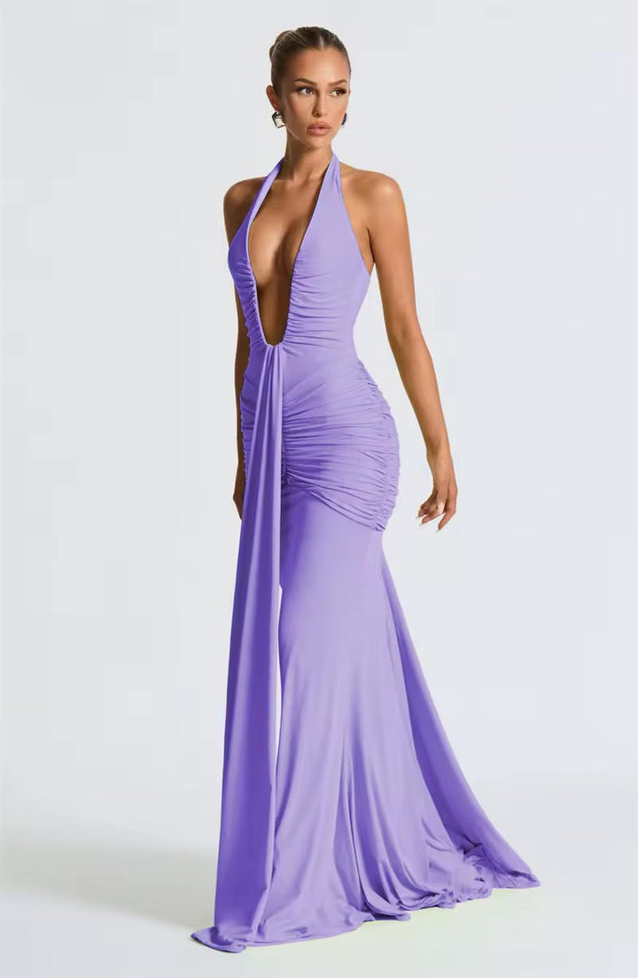 Robe maxi à dos nu pour femmes avec décolleté en V profond et fronces continues