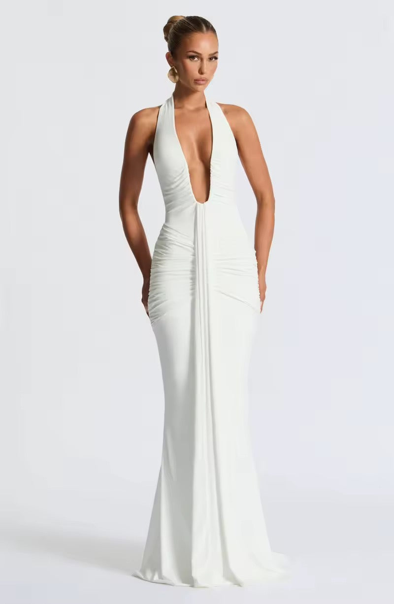 Robe maxi à dos nu pour femmes avec décolleté en V profond et fronces continues
