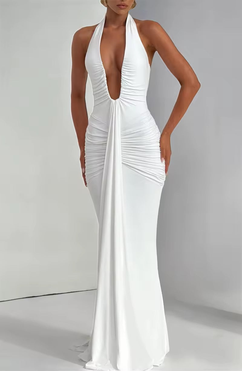 Robe maxi à dos nu pour femmes avec décolleté en V profond et fronces continues