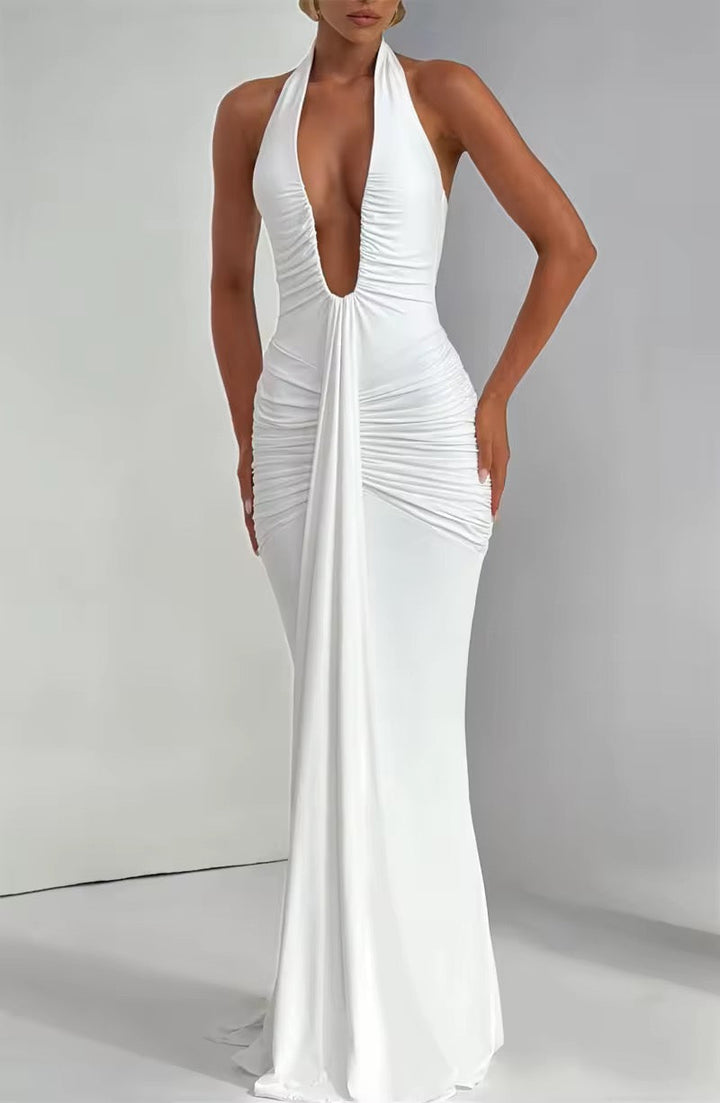 Robe maxi à dos nu pour femmes avec décolleté en V profond et fronces continues