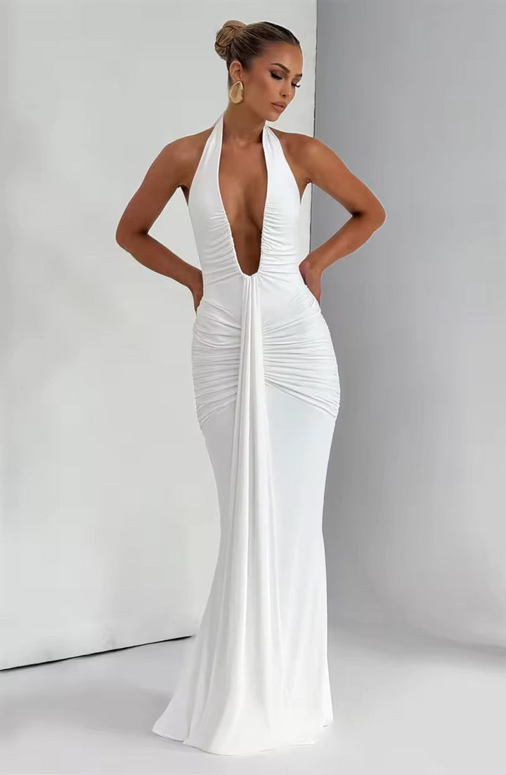 Robe maxi à dos nu pour femmes avec décolleté en V profond et fronces continues