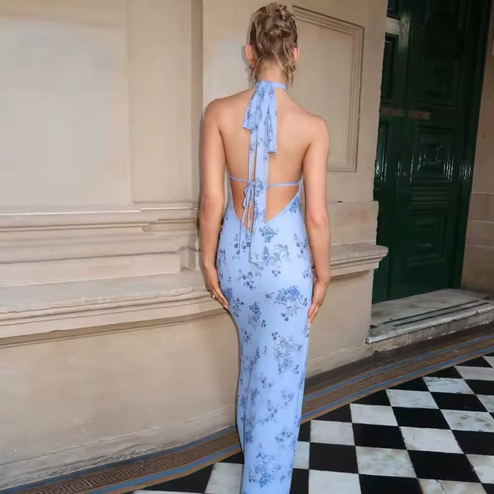 Robe maxi à dos nu pour femmes avec décolleté en V profond et motif floral