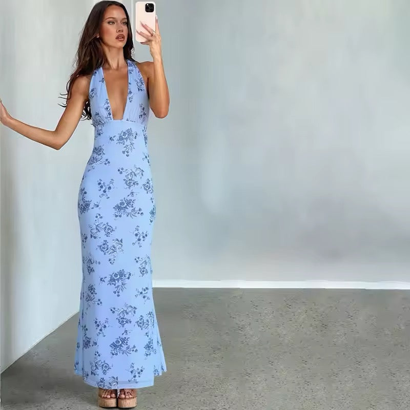 Robe maxi à dos nu pour femmes avec décolleté en V profond et motif floral