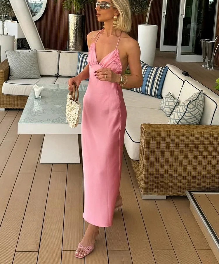 Robe maxi à dos nu pour femmes avec décolleté en V profond et haut froncé