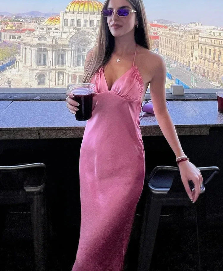 Robe maxi à dos nu pour femmes avec décolleté en V profond et haut froncé