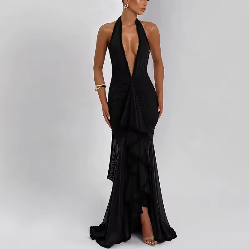 Robe maxi à dos nu pour femmes avec décolleté en V profond et surface froncée avec empiècement en volants
