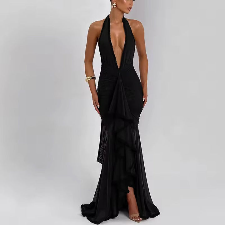 Robe maxi à dos nu pour femmes avec décolleté en V profond et surface froncée avec empiècement en volants