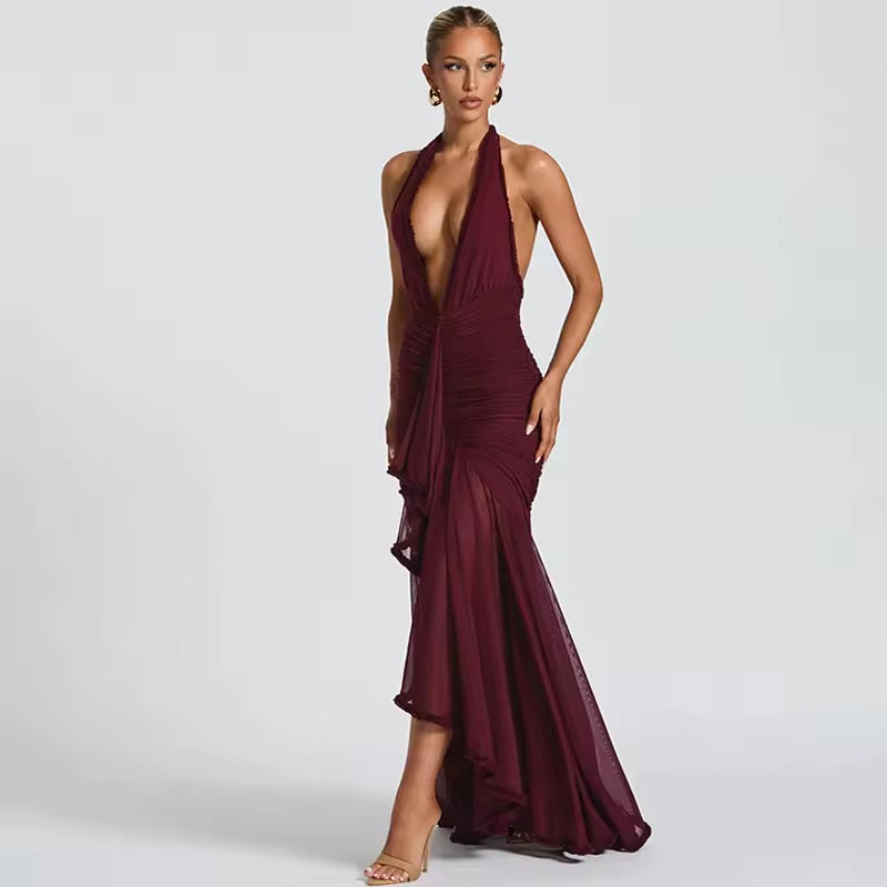 Robe maxi à dos nu pour femmes avec décolleté en V profond et surface froncée avec empiècement en volants