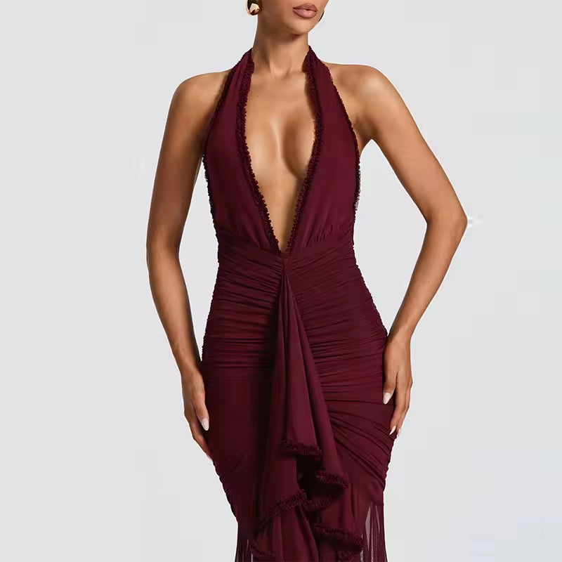Robe maxi à dos nu pour femmes avec décolleté en V profond et surface froncée avec empiècement en volants