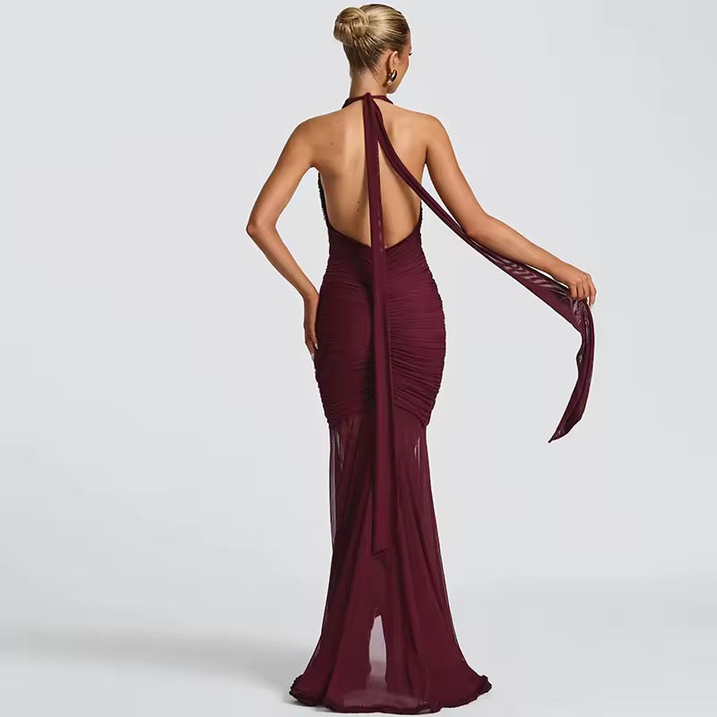 Robe maxi à dos nu pour femmes avec décolleté en V profond et surface froncée avec empiècement en volants