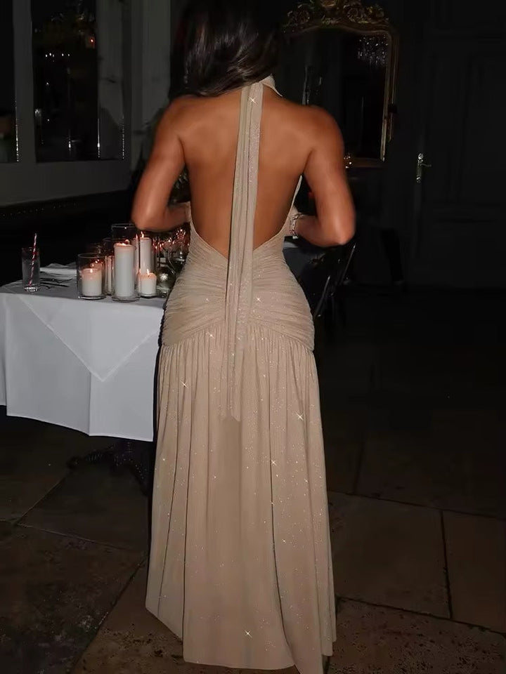 Robe maxi à dos nu pour femmes avec décolleté en V profond et surface pailletée, dos ouvert et fente latérale