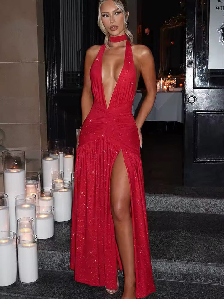 Robe maxi à dos nu pour femmes avec décolleté en V profond et surface pailletée, dos ouvert et fente latérale