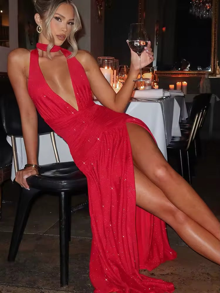 Robe maxi à dos nu pour femmes avec décolleté en V profond et surface pailletée, dos ouvert et fente latérale