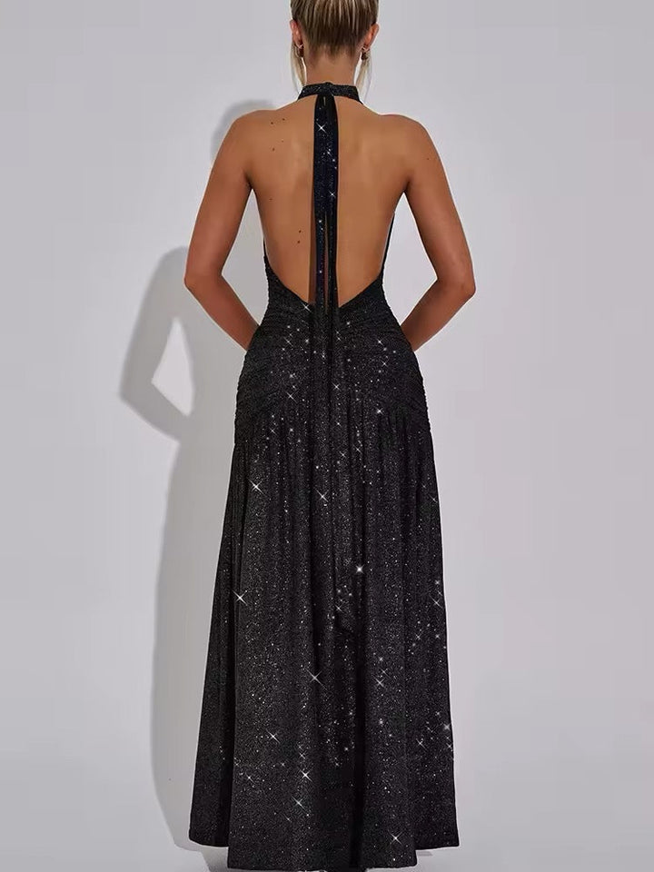 Robe maxi à dos nu pour femmes avec décolleté en V profond et surface pailletée, dos ouvert et fente latérale