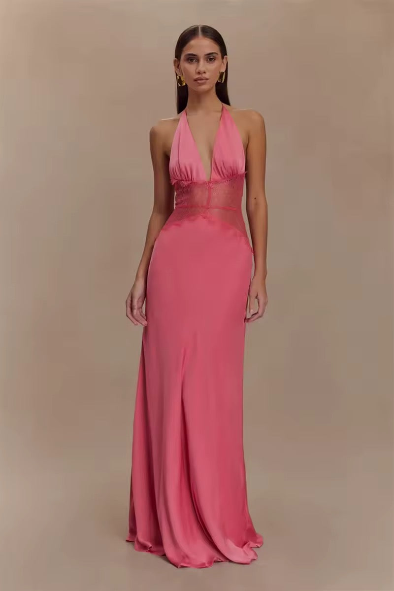 Robe maxi à dos nu pour femmes avec décolleté en V profond et insert en dentelle