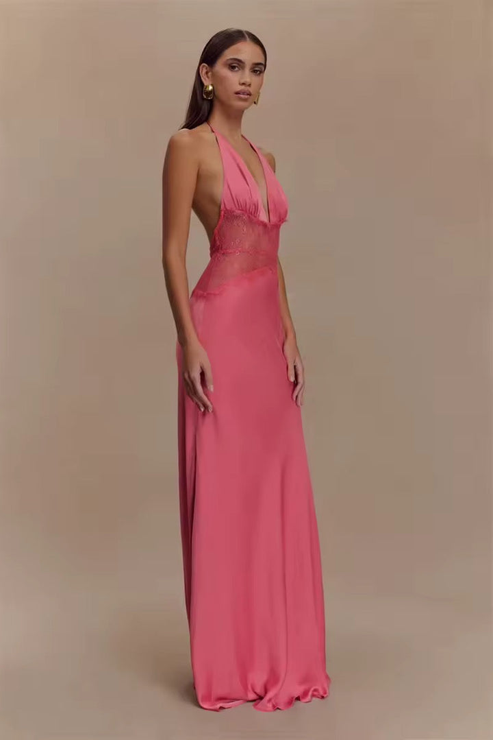 Robe maxi à dos nu pour femmes avec décolleté en V profond et insert en dentelle