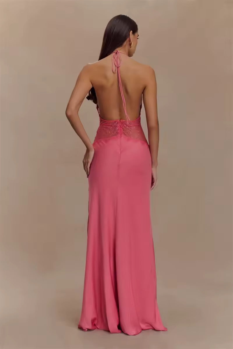 Robe maxi à dos nu pour femmes avec décolleté en V profond et insert en dentelle