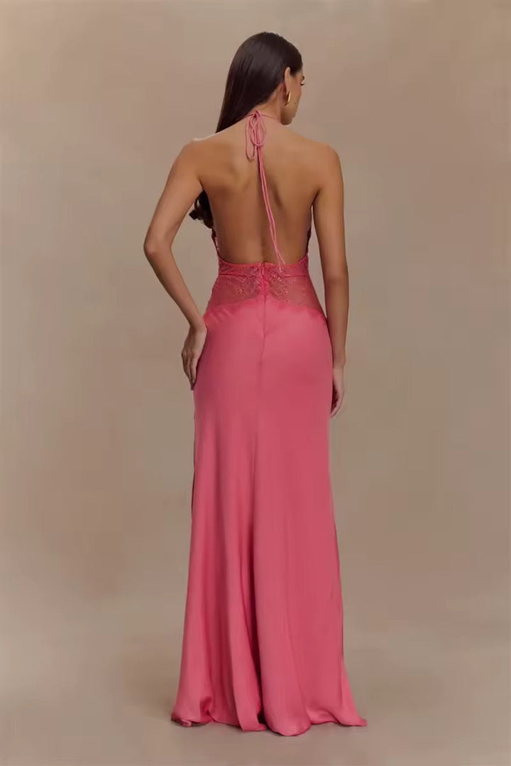 Robe maxi à dos nu pour femmes avec décolleté en V profond et insert en dentelle