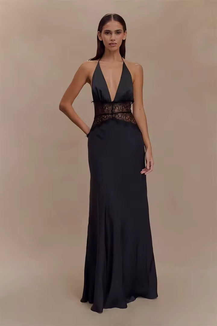 Robe maxi à dos nu pour femmes avec décolleté en V profond et insert en dentelle