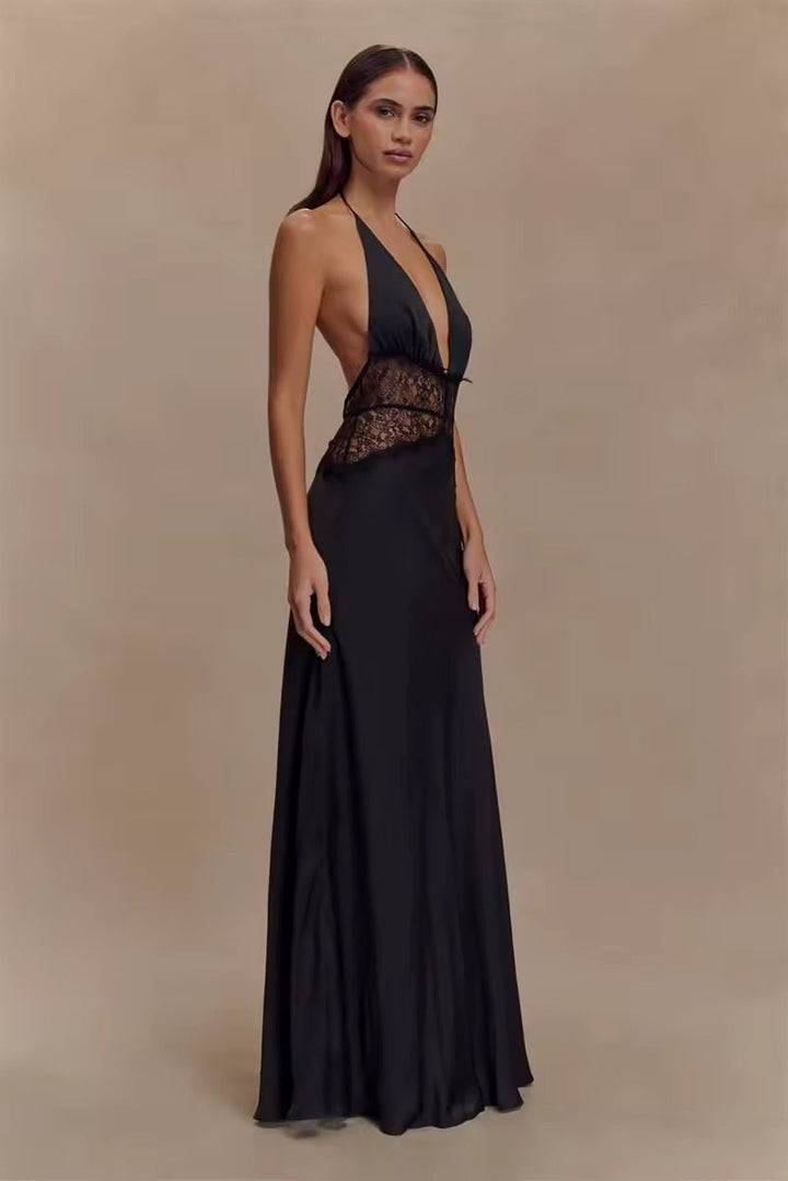 Robe maxi à dos nu pour femmes avec décolleté en V profond et insert en dentelle