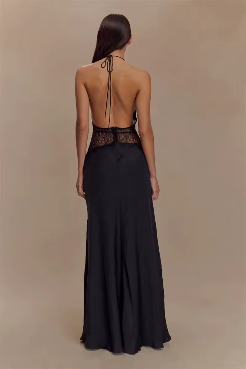 Robe maxi à dos nu pour femmes avec décolleté en V profond et insert en dentelle