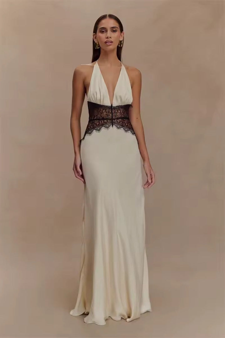 Robe maxi à dos nu pour femmes avec décolleté en V profond et insert en dentelle