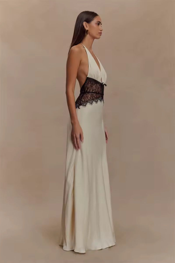 Robe maxi à dos nu pour femmes avec décolleté en V profond et insert en dentelle