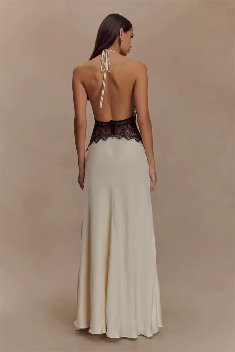 Robe maxi à dos nu pour femmes avec décolleté en V profond et insert en dentelle