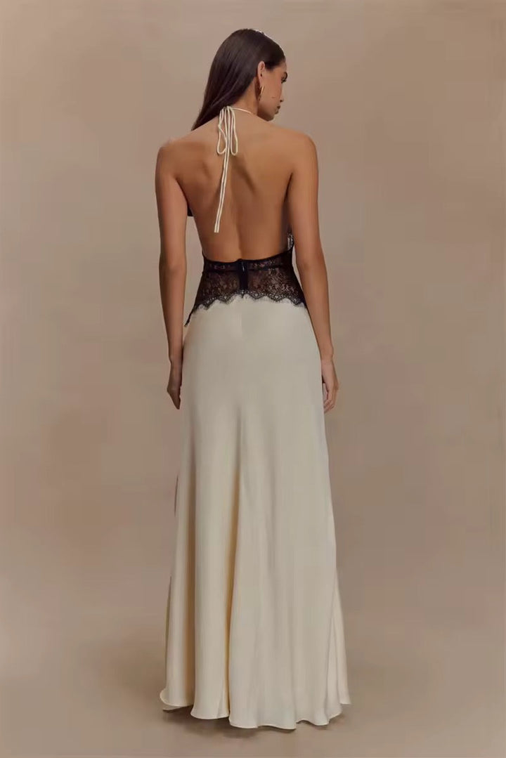 Robe maxi à dos nu pour femmes avec décolleté en V profond et insert en dentelle