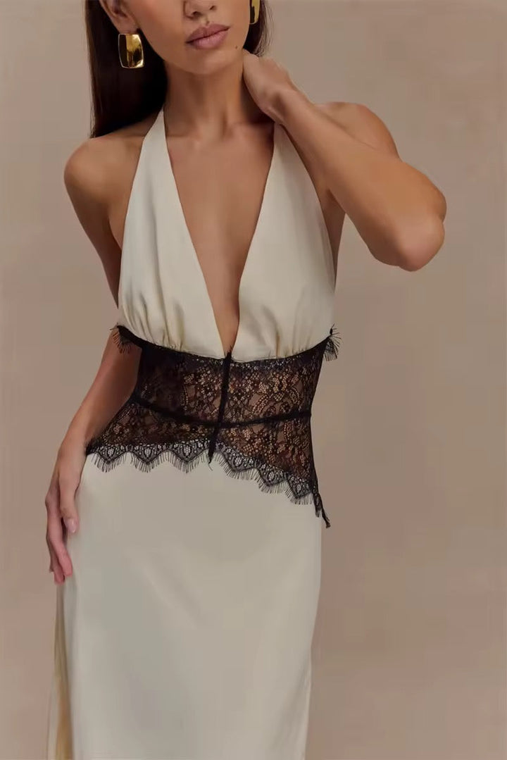 Robe maxi à dos nu pour femmes avec décolleté en V profond et insert en dentelle