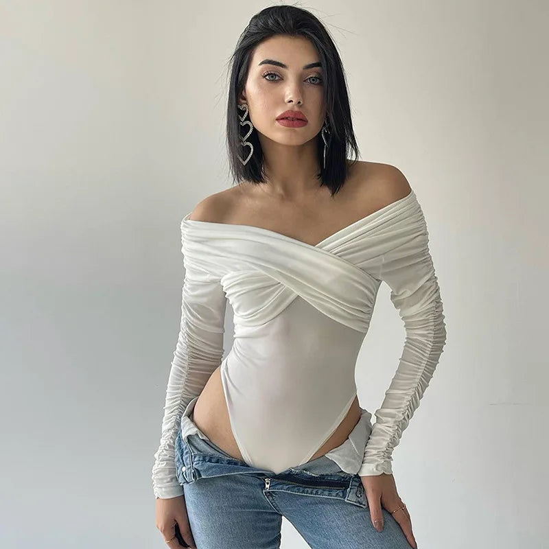 Body femme off-shoulder à manches longues, drapé croisé et fronces